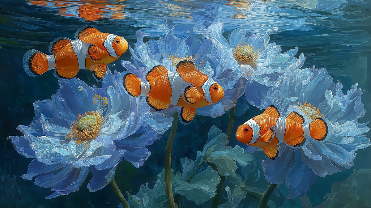 Clownfish in Blue Floral Water Mural Wallpaper | Surreal Underwater Bloom, Bright Light Reflection, Elegant