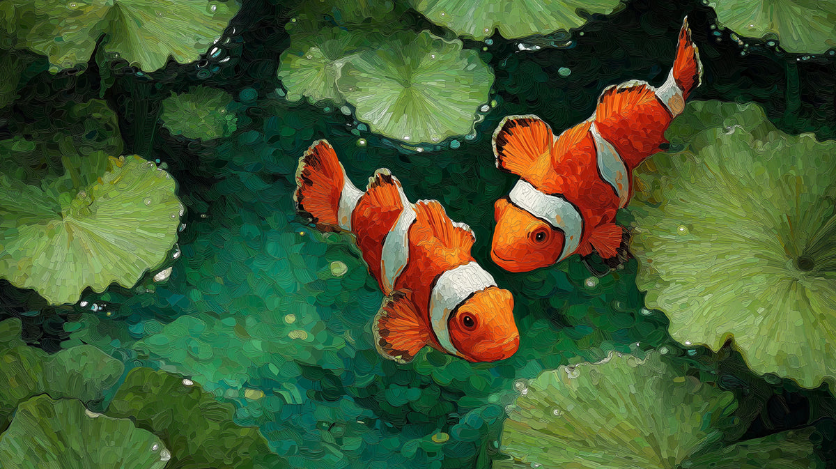 Clownfish Over Lily Pads Pond Mural Wallpaper | Overhead View, Green and Orange Contrast, Textured Surface