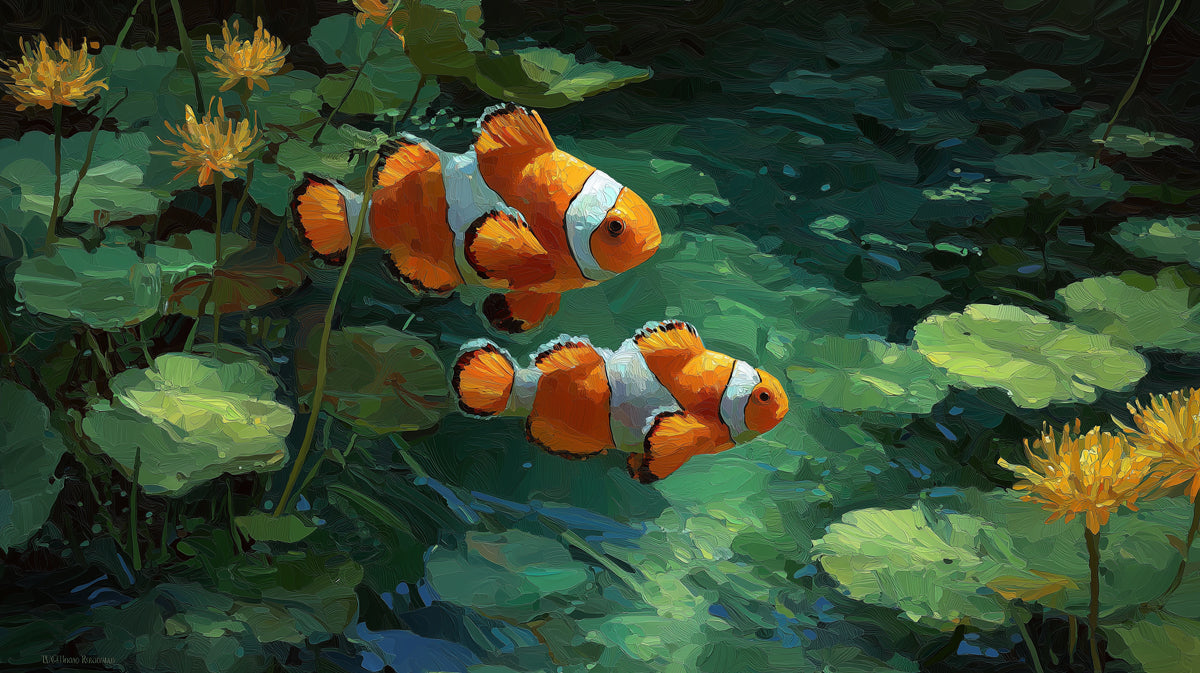 Clownfish Near Water Lilies Pond Mural Wallpaper | Impressionist Oil Painting, Deep Green Water, Warm Hues