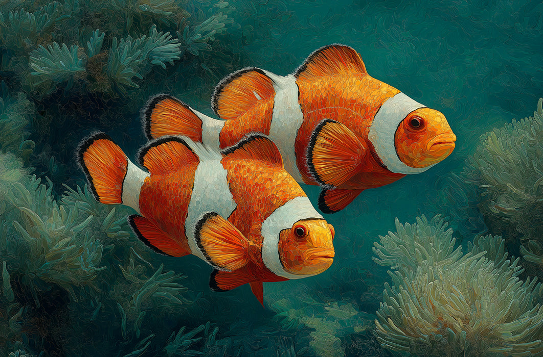 Close-Up Clownfish and Sea Anemone Mural Wallpaper | Textured Painting, Teal and Orange Contrast, Deep Ocean