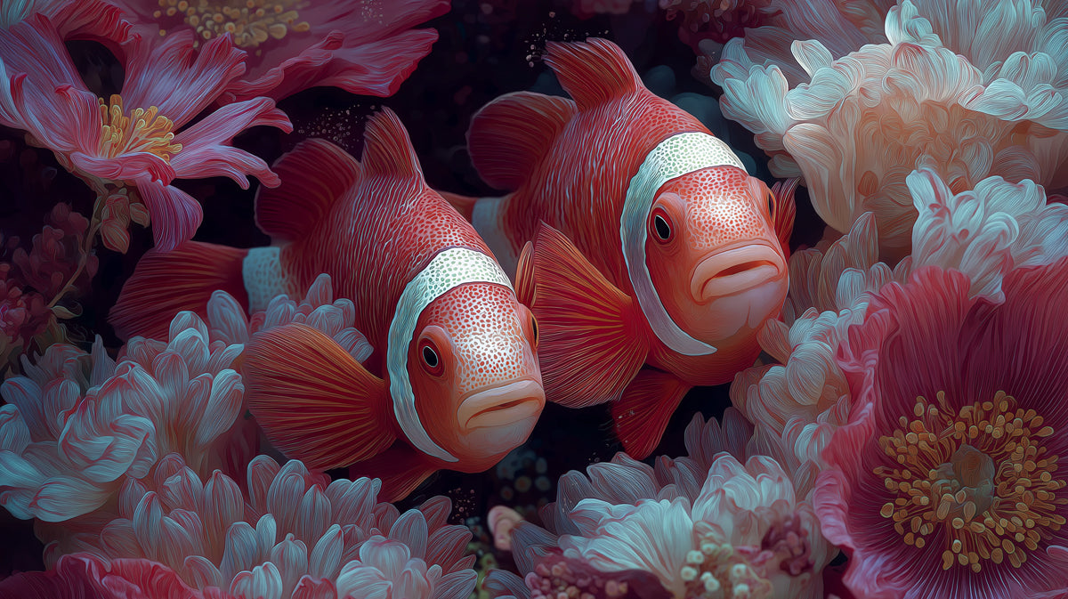 Macro Clownfish in Pink Anemone Mural Wallpaper | Surreal Red and Pink Palette, Extreme Close-Up