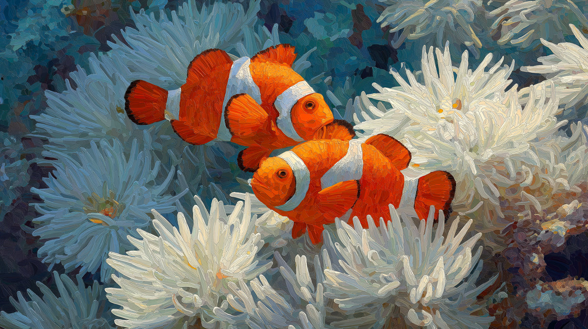 Clownfish in White Anemone Impasto Mural Wallpaper | High Contrast, White and Orange Focus, Bright Scene