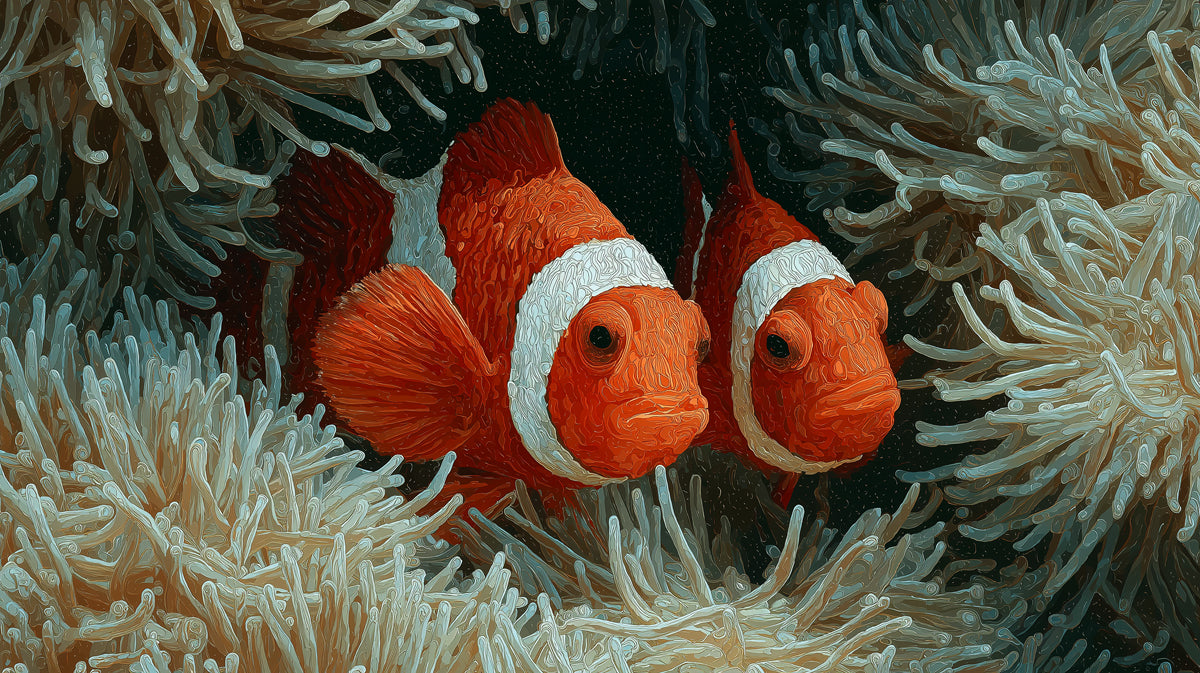 Clownfish in White Anemone Impasto Mural Wallpaper | High Contrast, White and Orange Focus, Bright Scene 富文本编辑器 描述