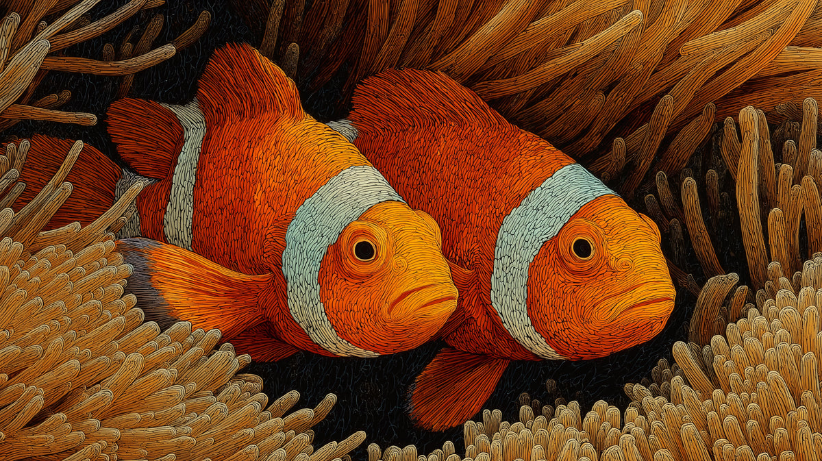 Extreme Close-Up Clownfish in Fiber Anemone Mural | Stylized Texture, Brown and Orange Palette, Warm