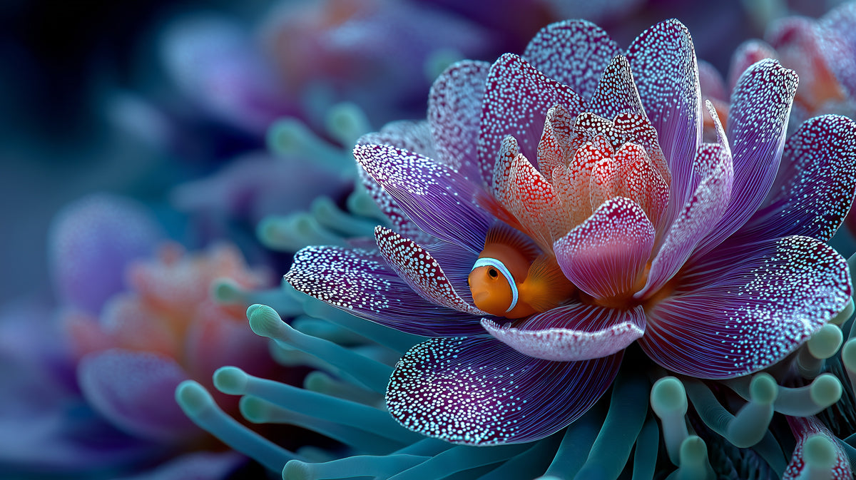 Clownfish in Purple Lotus Anemone Mural Wallpaper | Surreal Close-Up, Dotted Texture, Blue and Pink Palette