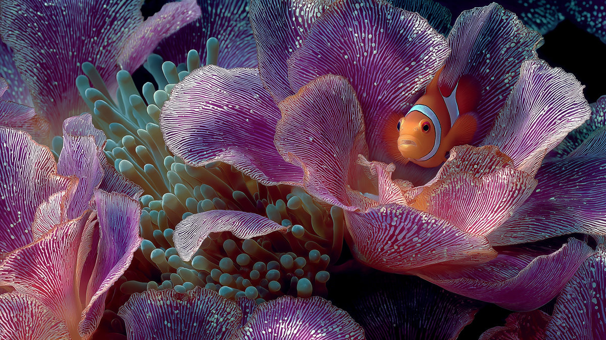 Clownfish in Purple Anemone Petals Mural Wallpaper | Macro View, Luminous Textures, Underwater Fantasy