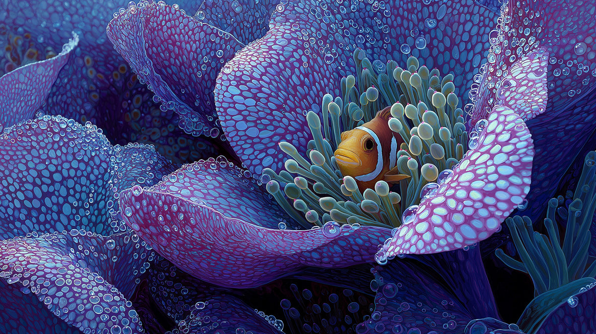 Bubble-Dotted Anemone Clownfish Mural Wallpaper | Extreme Macro, Purple and Teal Palette, High Detail
