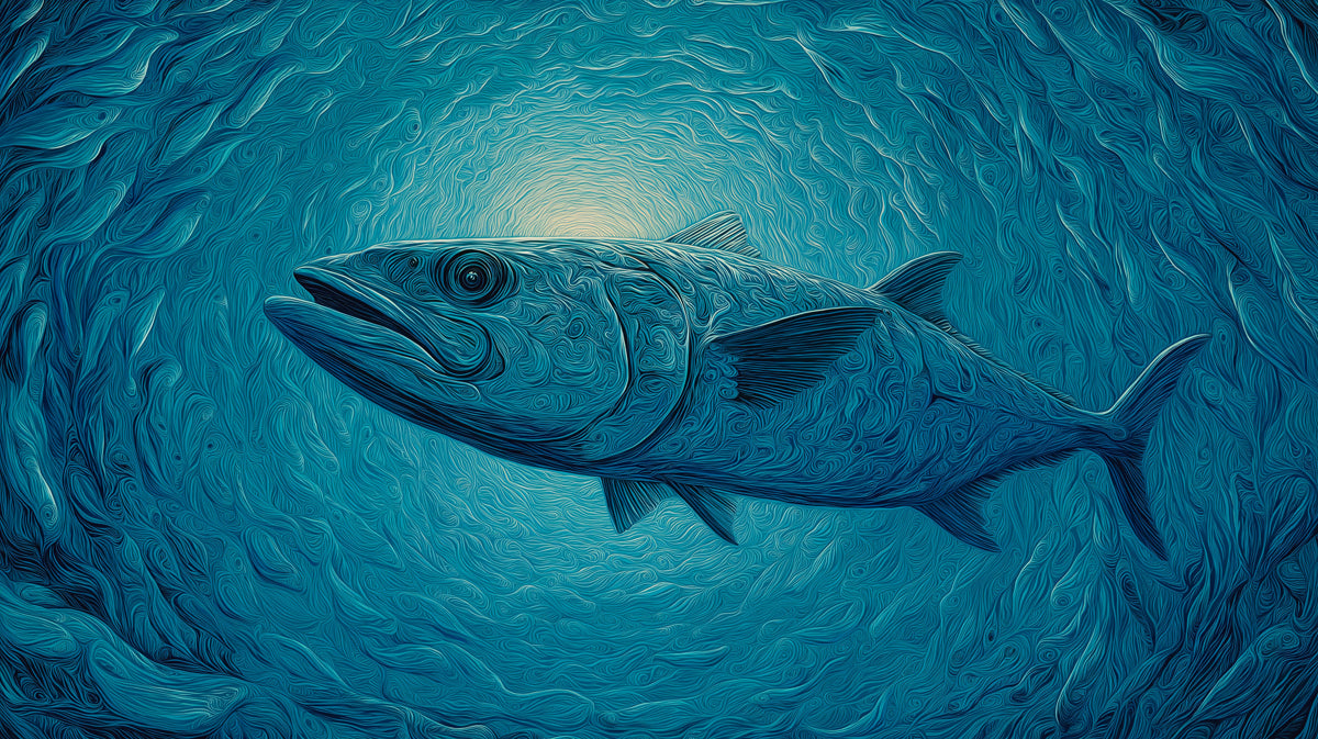 Textured Deep Sea Predator Mural Wallpaper | Impasto Blue, Coiling Water, Single Fish Portrait