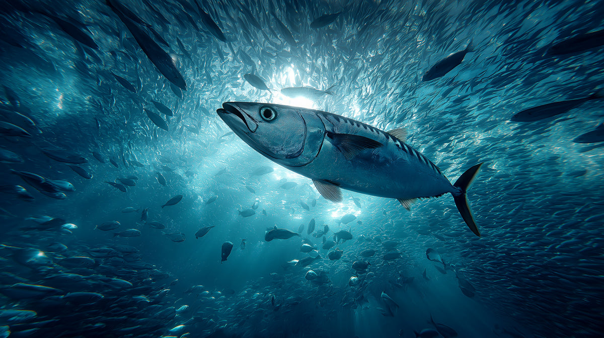 Cinematic Tuna in Fish Vortex Mural Wallpaper | Blue Light Rays, Dynamic Schooling, High Realism
