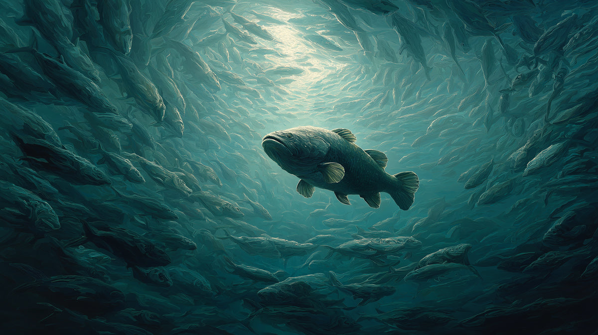 Textured Blue School of Fish Mural Wallpaper | Impasto Style, Central Light Burst, Underwater Cavern