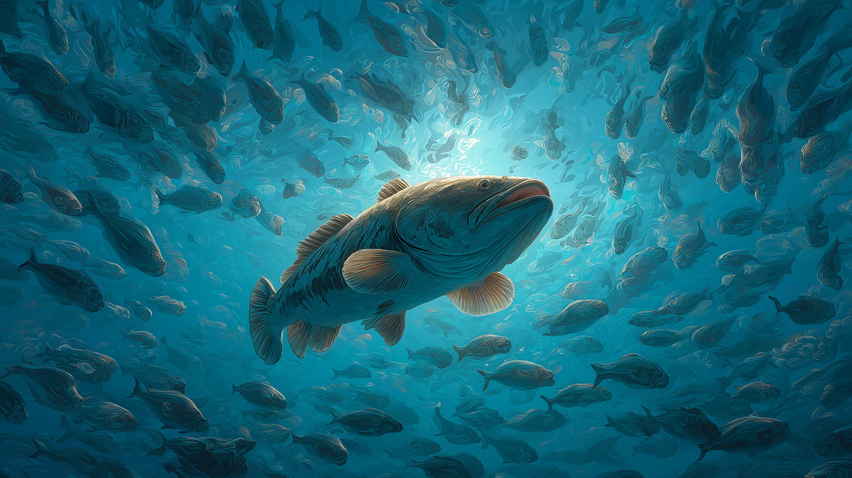 Grouper in Blue Swirling School Mural Wallpaper | Light-Filled Water, Textured Fish, Dynamic Scene