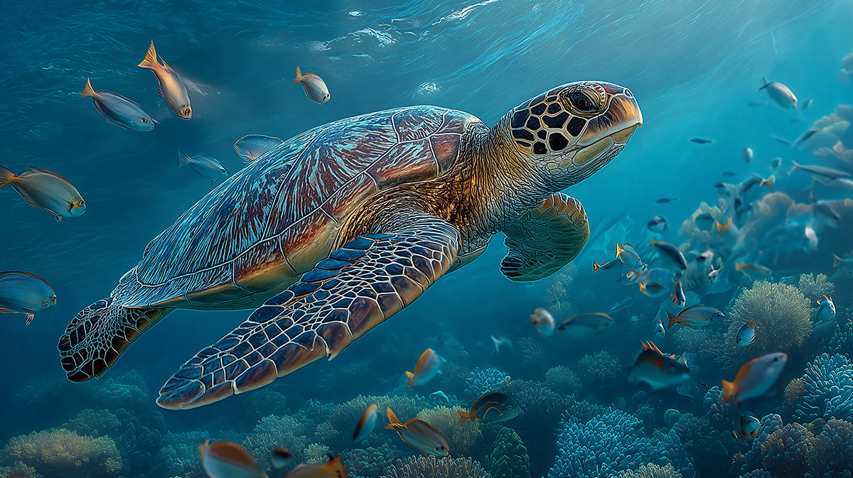 Sea Turtle in Coral Reef Mural Wallpaper | Hyper-Realistic Detail, Turquoise Water, Sunlit Ocean
