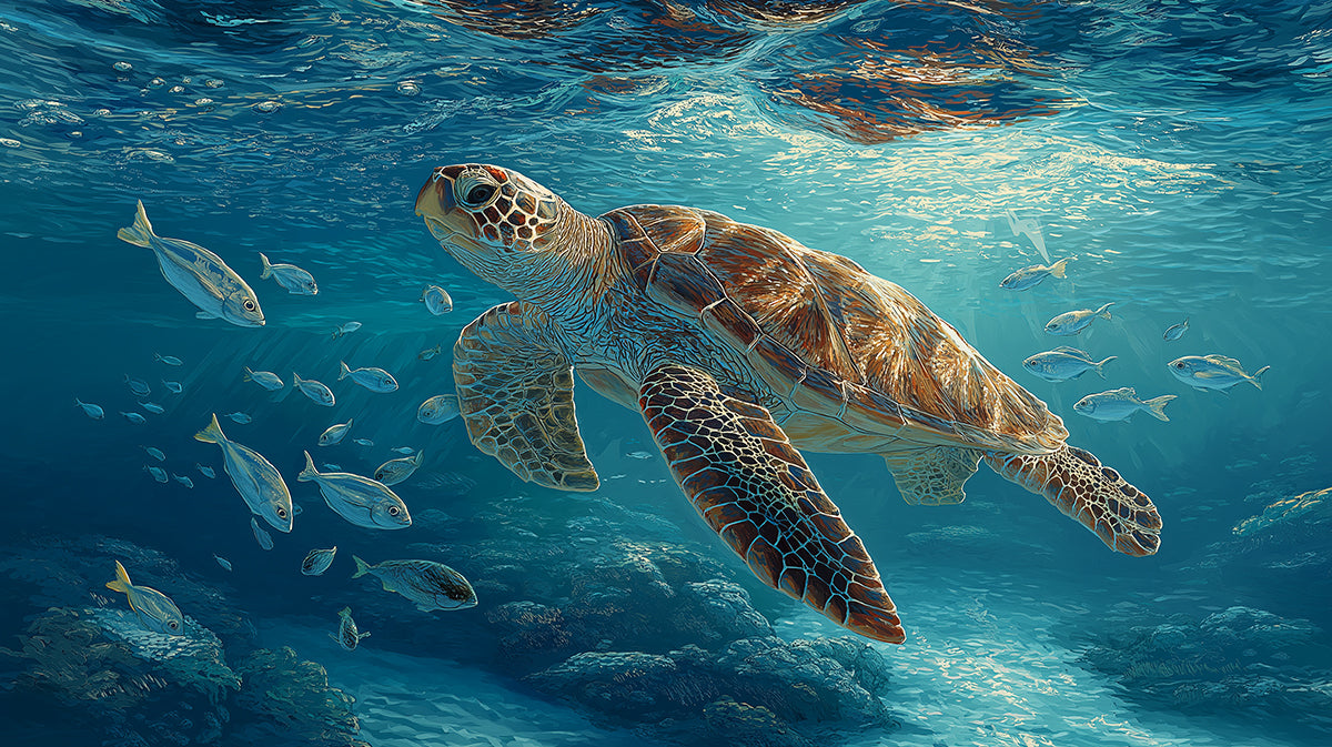 Oceanic Sea Turtle and Fish Mural Wallpaper | Blue Water, Bright Surface Reflection, Tranquil Scene