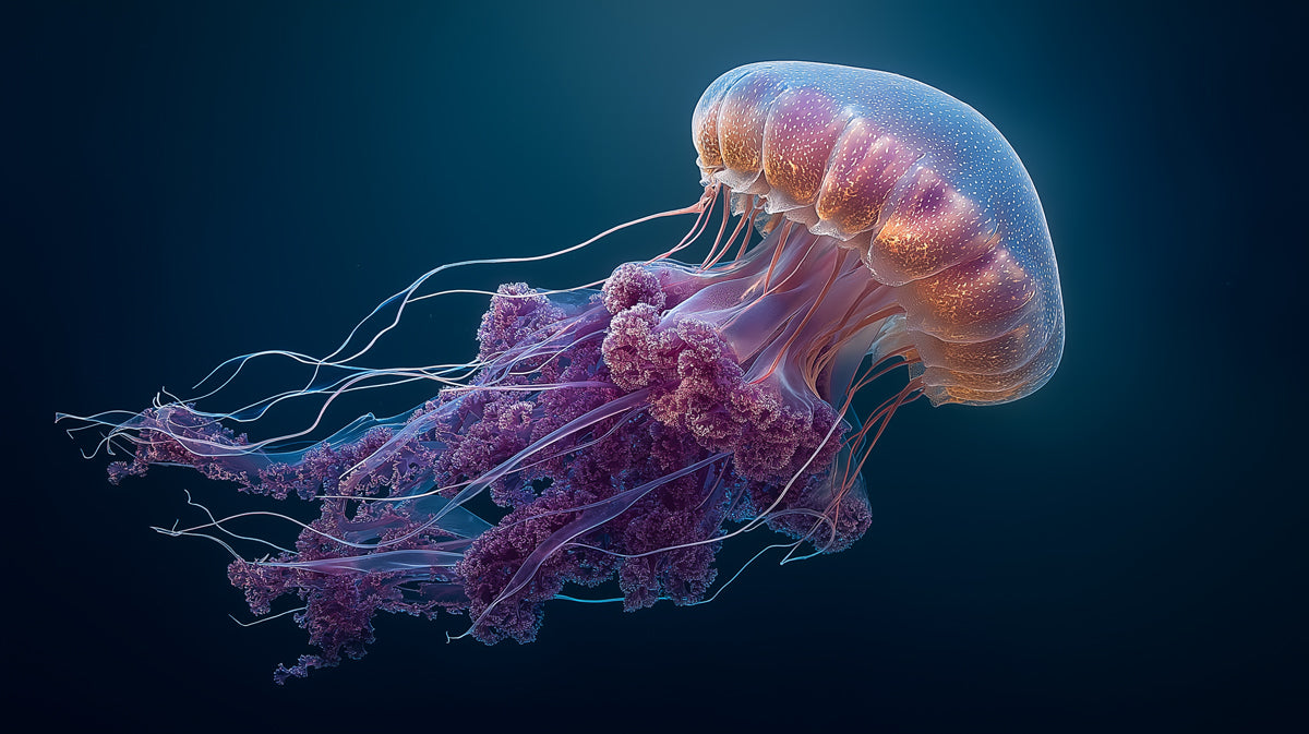 Luminous Purple Jellyfish Mural Wallpaper | Deep Blue Void, Ethereal Tentacles, Dramatic Light