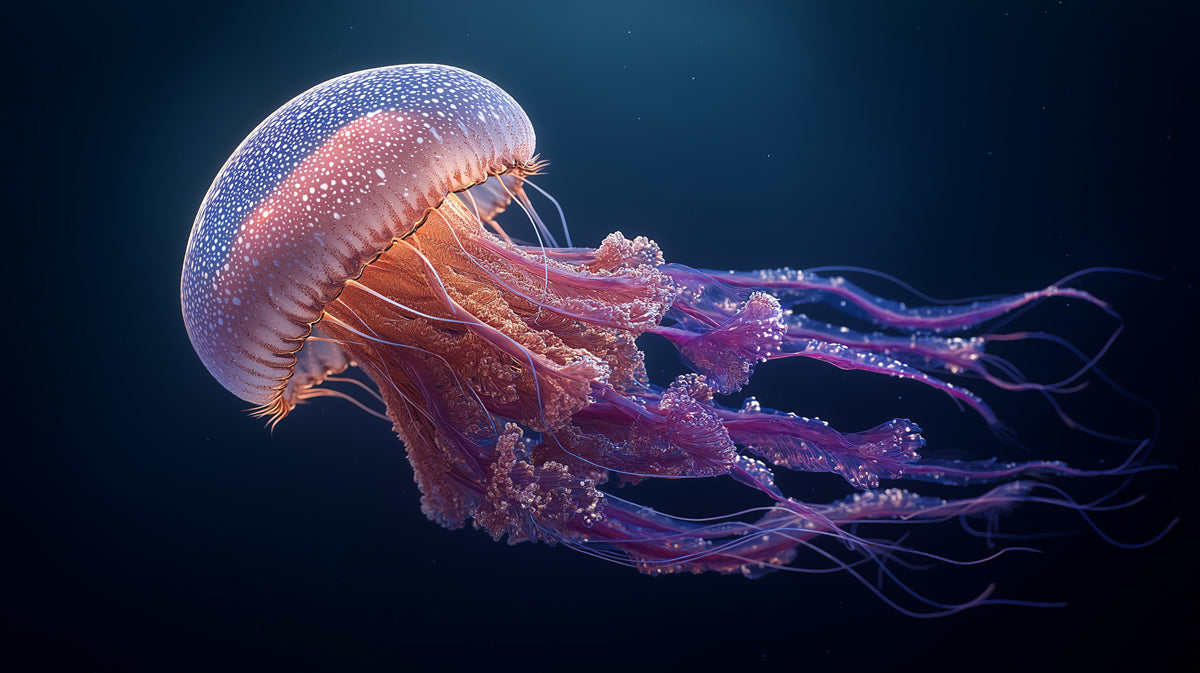 Spotted Jellyfish in Dark Water Mural Wallpaper | Pink and Violet Glow, Submerged Elegance, High Contrast