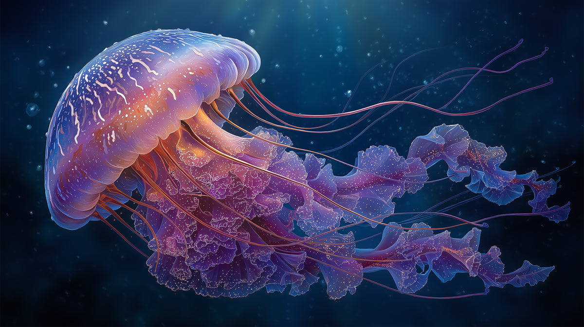Luminous Umbrella Jellyfish Mural Wallpaper | Purple and Orange Hues, Ethereal Trails, Deep Ocean Mystery