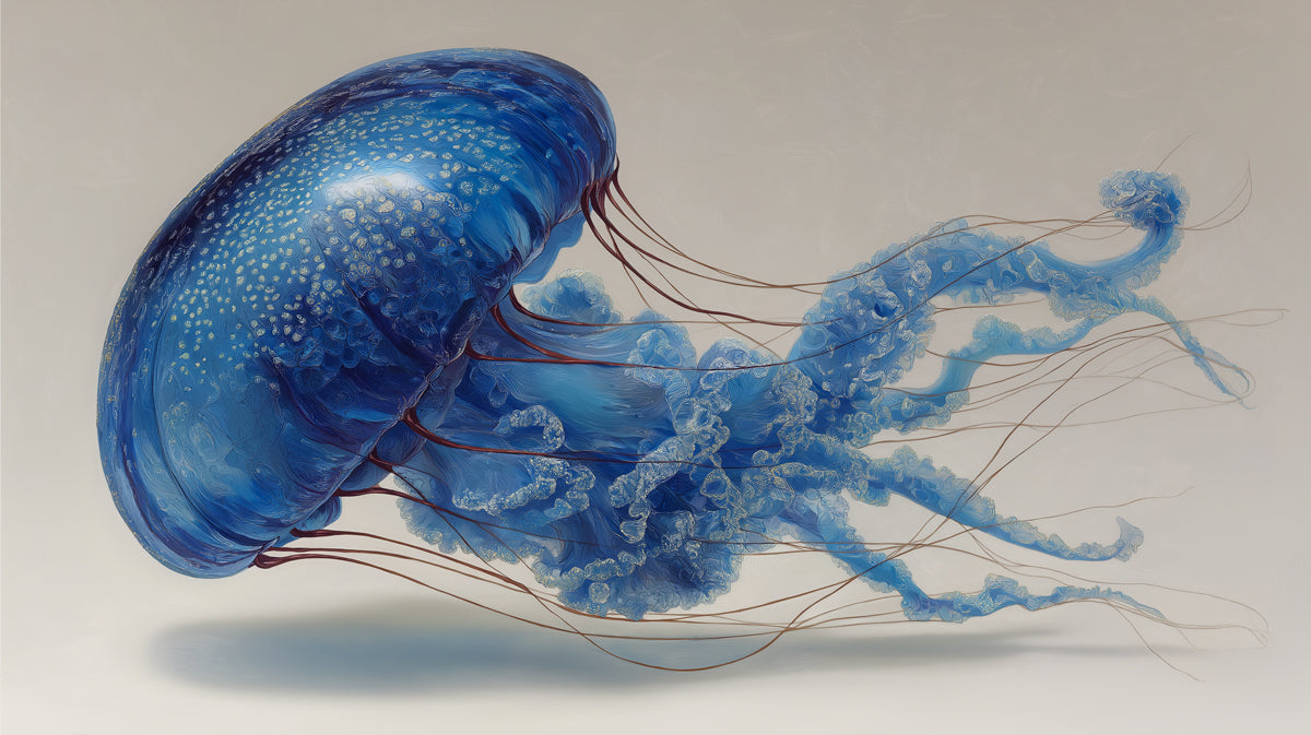 Textured Blue Jellyfish with Crimson Tentacles Mural | Painted Style, Warm/Cool Contrast, Light Background