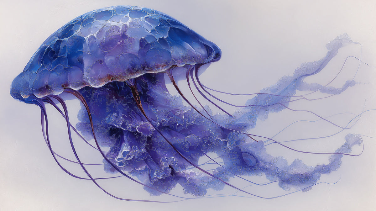 Textured Blue and Purple Jellyfish Mural Wallpaper | Painted Art, White Background, Soft Diffusion