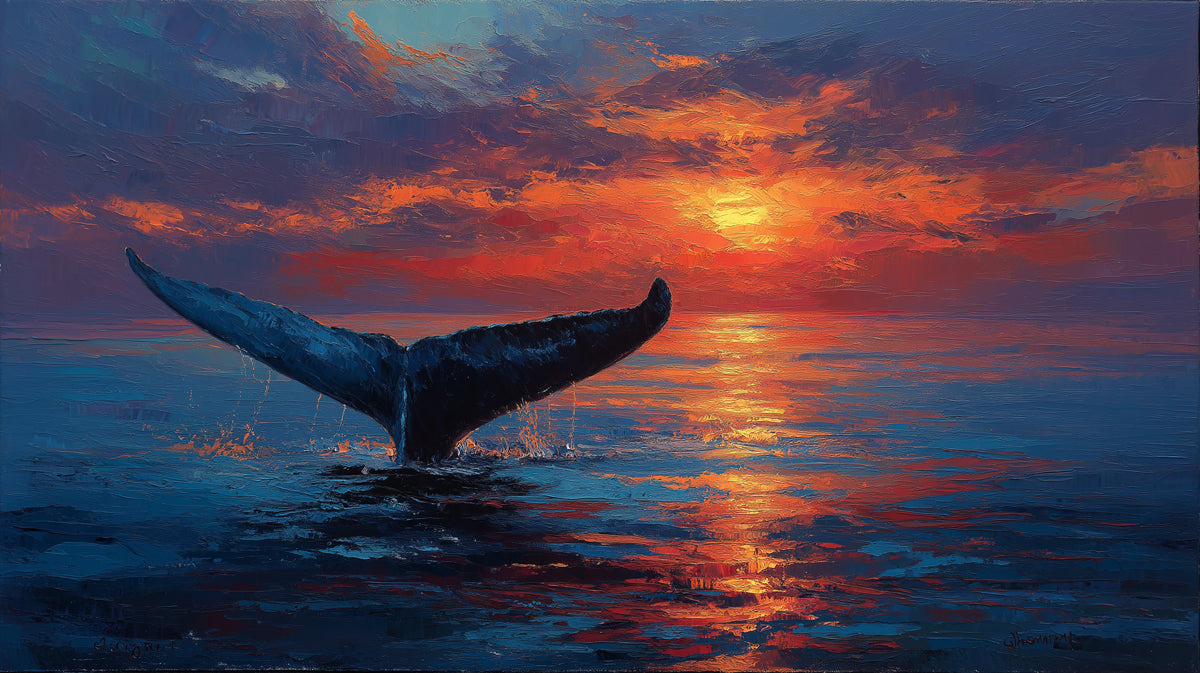 Impasto Sunset Whale Fluke Mural Wallpaper | Textured Ocean, Fiery Red and Orange Sky, Expressive Art