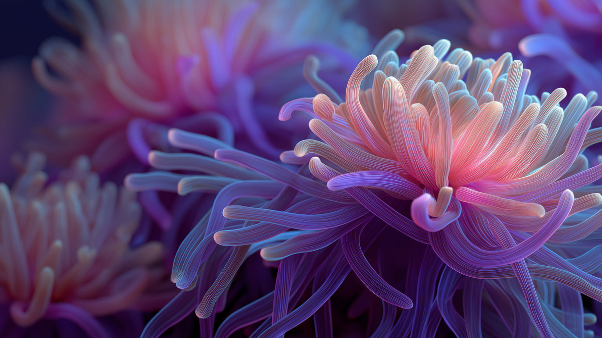Bioluminescent Sea Flower Mural Wallpaper | Purple and Pink Bloom, Macro Ocean Fantasy, Sculptural