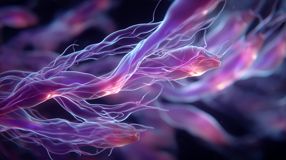 Microscopic Fiber Organism Mural Wallpaper | Purple and Pink Glow, Abstract Bioluminescence, Fluid Motion