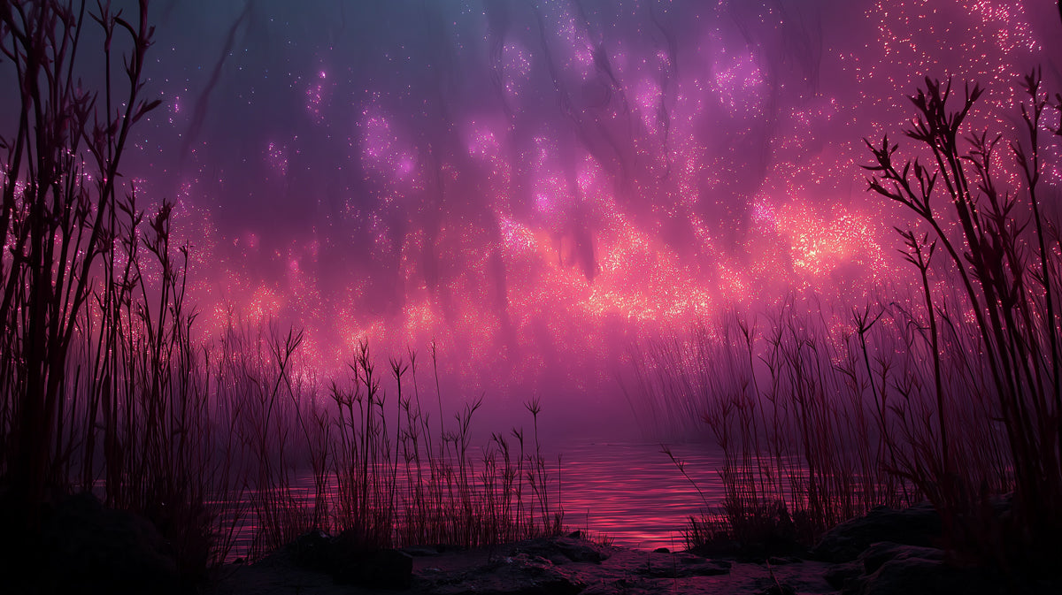 Bioluminescent Swamp Night Mural Wallpaper | Pink and Magenta Glow, Ethereal Landscape, Silhouette