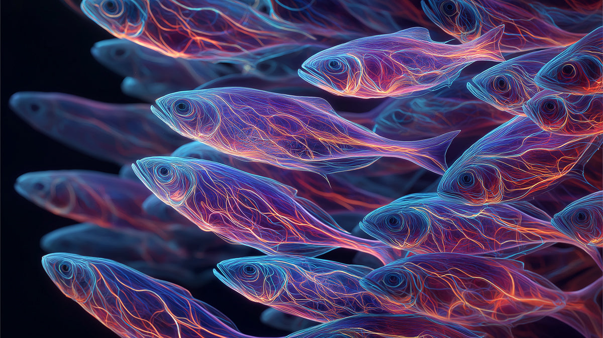 Neon Veined Fish School Mural Wallpaper | Electric Blue and Magenta, Abstract Bioluminescence, Dynamic