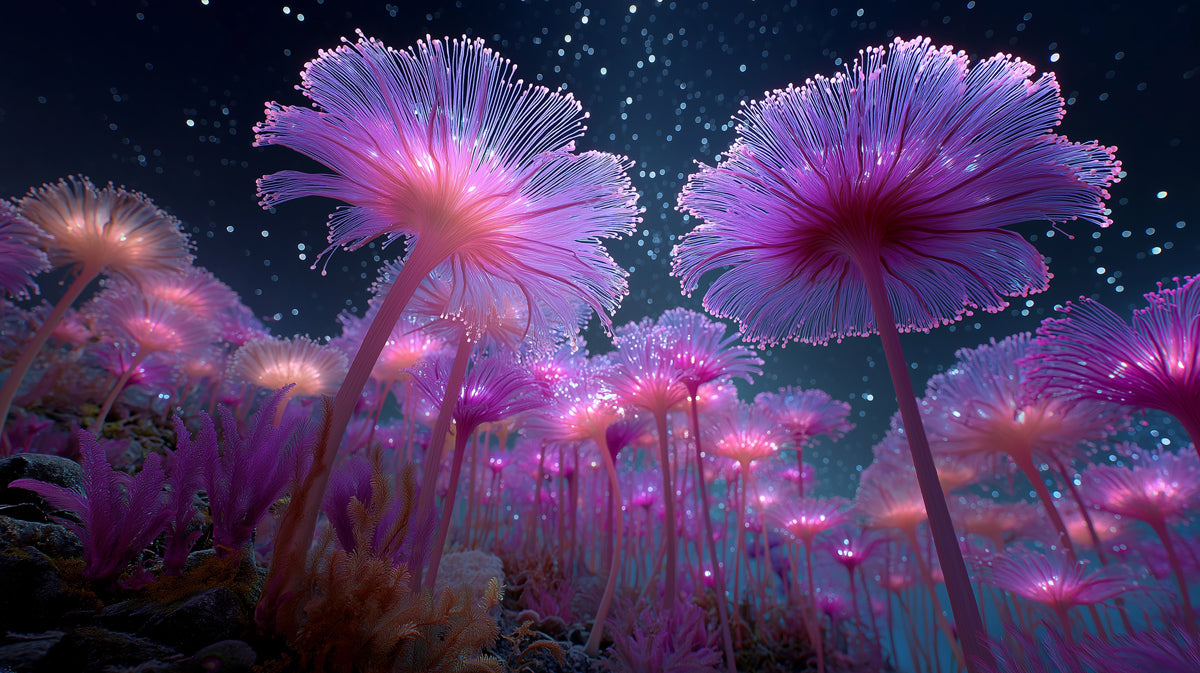 Bioluminescent Fiber Coral Garden Mural Wallpaper | Pink and Purple Glow, Deep Sea Fantasy, Low Angle