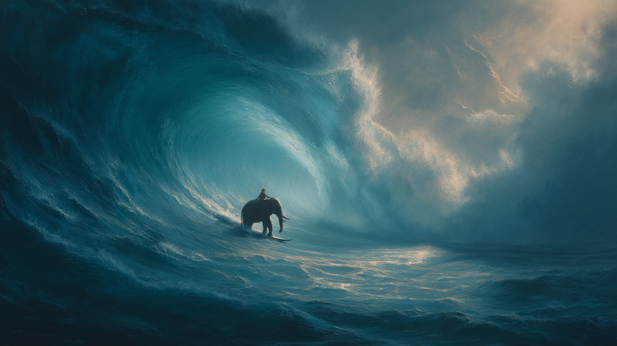 Surfer Elephant in Stormy Ocean Mural Wallpaper | Moody Blue-Green Tones, Giant Wave, Wide View