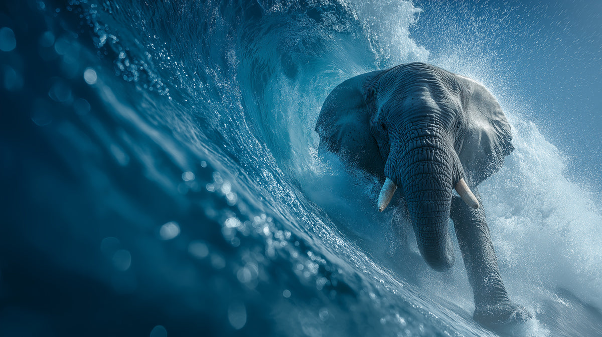 Elephant surfing a wave with a blue and white color scheme