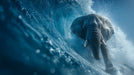 Elephant surfing a wave with a blue and white color scheme