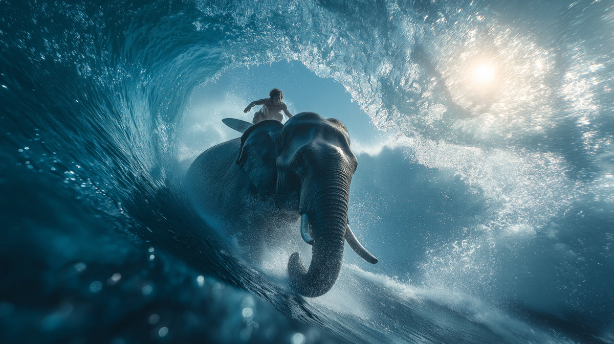 Elephant and Surfer Inside Barrel Wave Mural Wallpaper | High Action, Sunlit Fantasy, Intense Blue