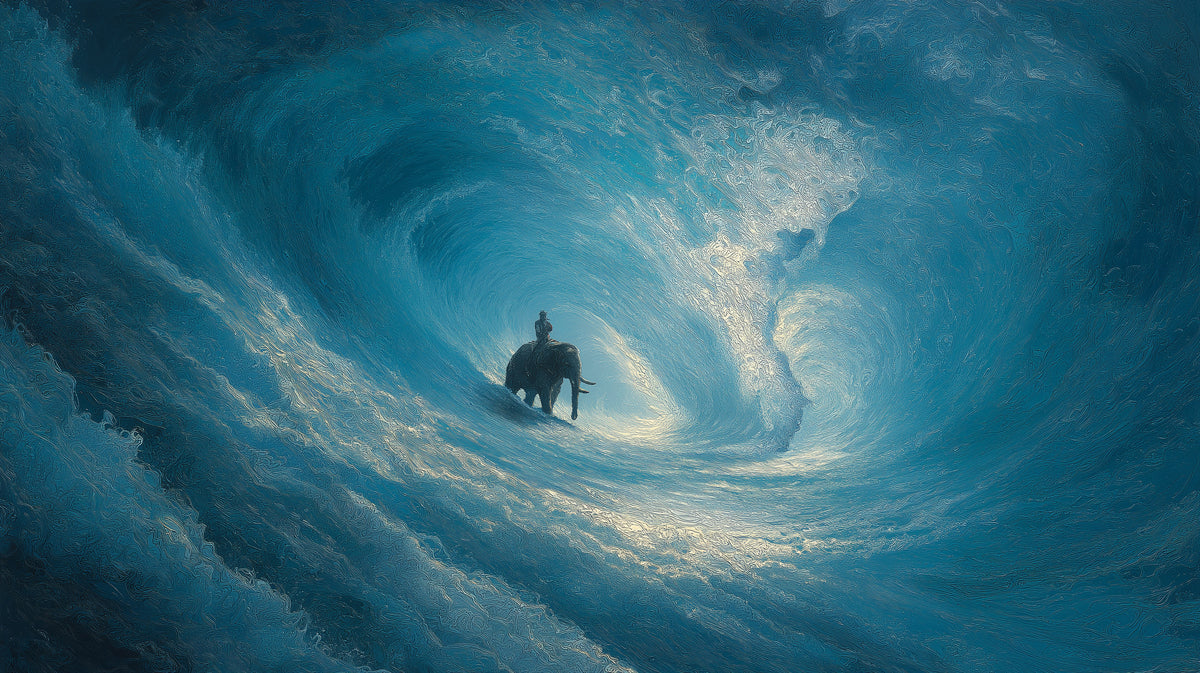 Swirling Wave Elephant Ride Mural Wallpaper | Impasto Blue, Abstract Water Flow, Tonal Contrast