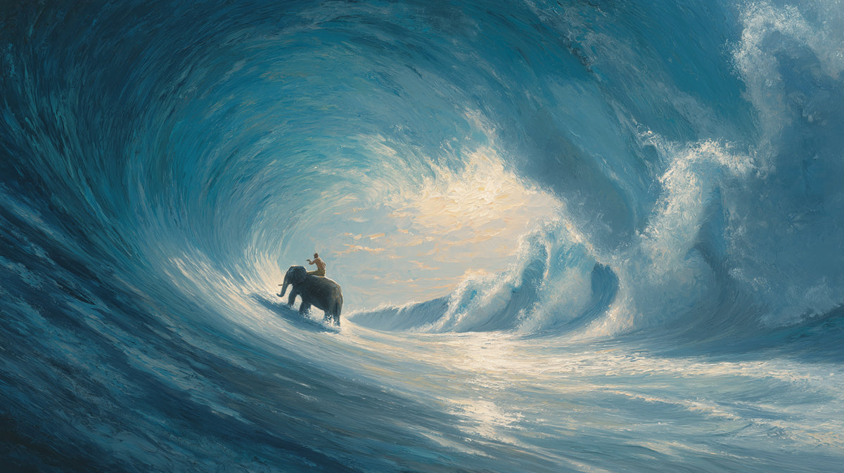 Person riding an elephant through a tunnel of ocean waves