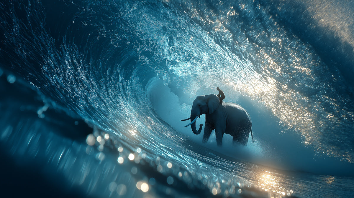 Blue Wave Elephant Ride with Bokeh Effect Mural | Cinematic Close-Up, Bright Sparkles, Cool Tones