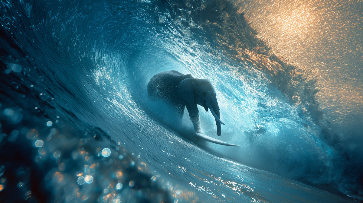 Elephant Surfing Solo in Wave Tube Mural Wallpaper | Intense Blue, Submerged Perspective, Surreal Action