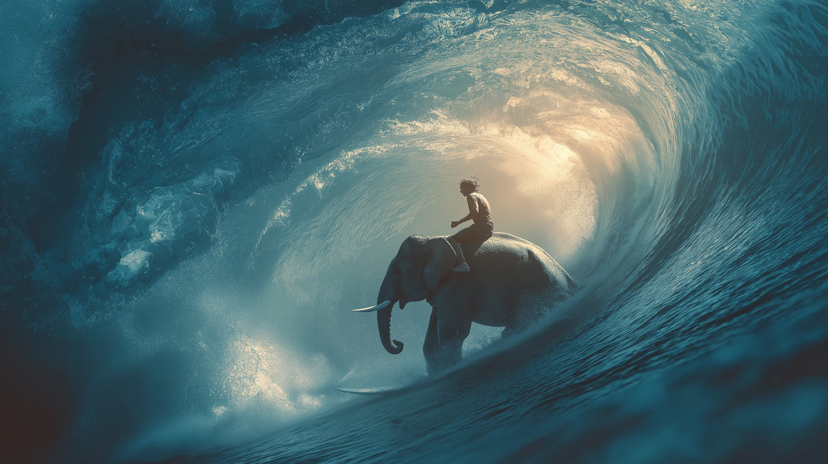 Dark Tonal Elephant and Rider in Wave Mural Wallpaper | Moody Teal, Backlit Spray, Powerful Scene