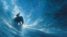 Person riding an elephant through a blue, wave-like landscape