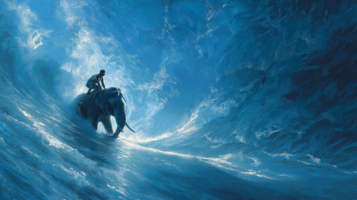 Person riding an elephant through a blue, wave-like landscape