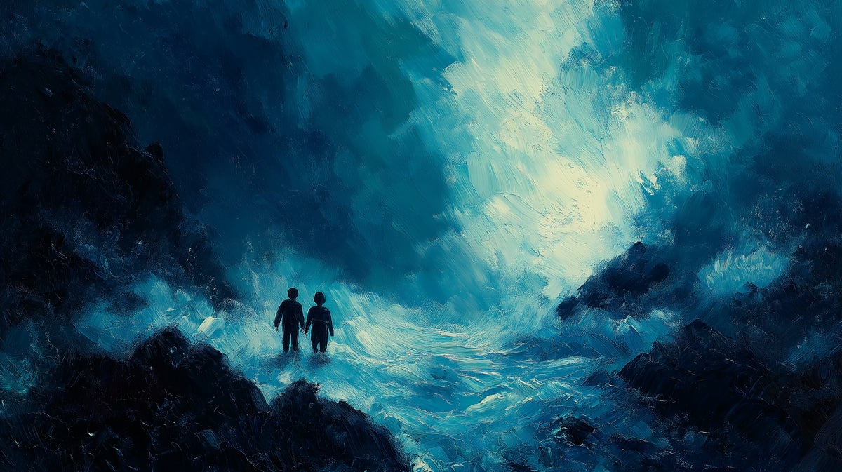 Silhouettes in Dark Water Gorge Mural Wallpaper | Moody Blue Oil Painting, Symbolic Journey, High Contrast