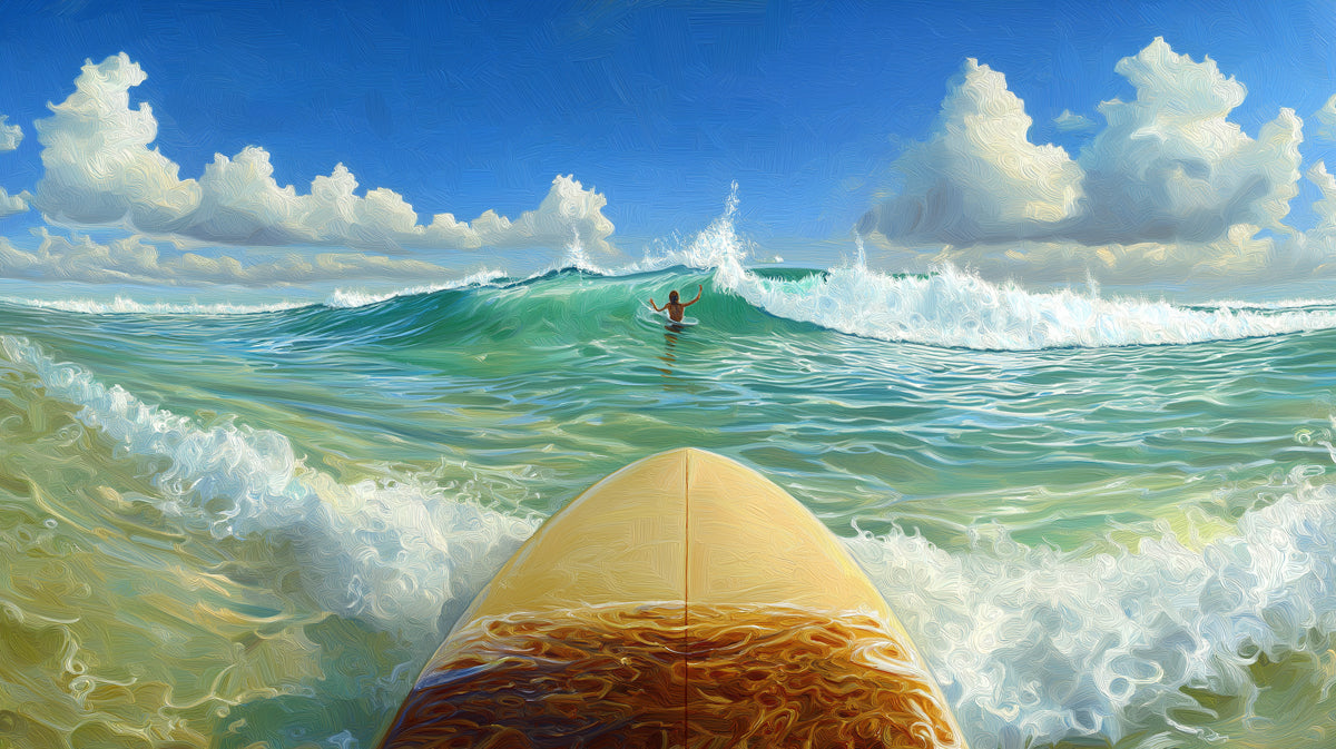 First-Person Surfing Wave Mural Wallpaper | Point of View, Bright Beach, Energetic Ocean Scene