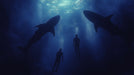 Two people and two sharks silhouetted against a deep blue underwater background