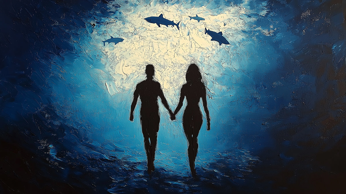 Silhouettes of a man and woman holding hands with sharks above them in an underwater scene.