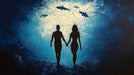 Silhouettes of a man and woman holding hands with sharks above them in an underwater scene.