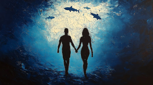 Silhouettes of a man and woman holding hands with sharks above them in an underwater scene.
