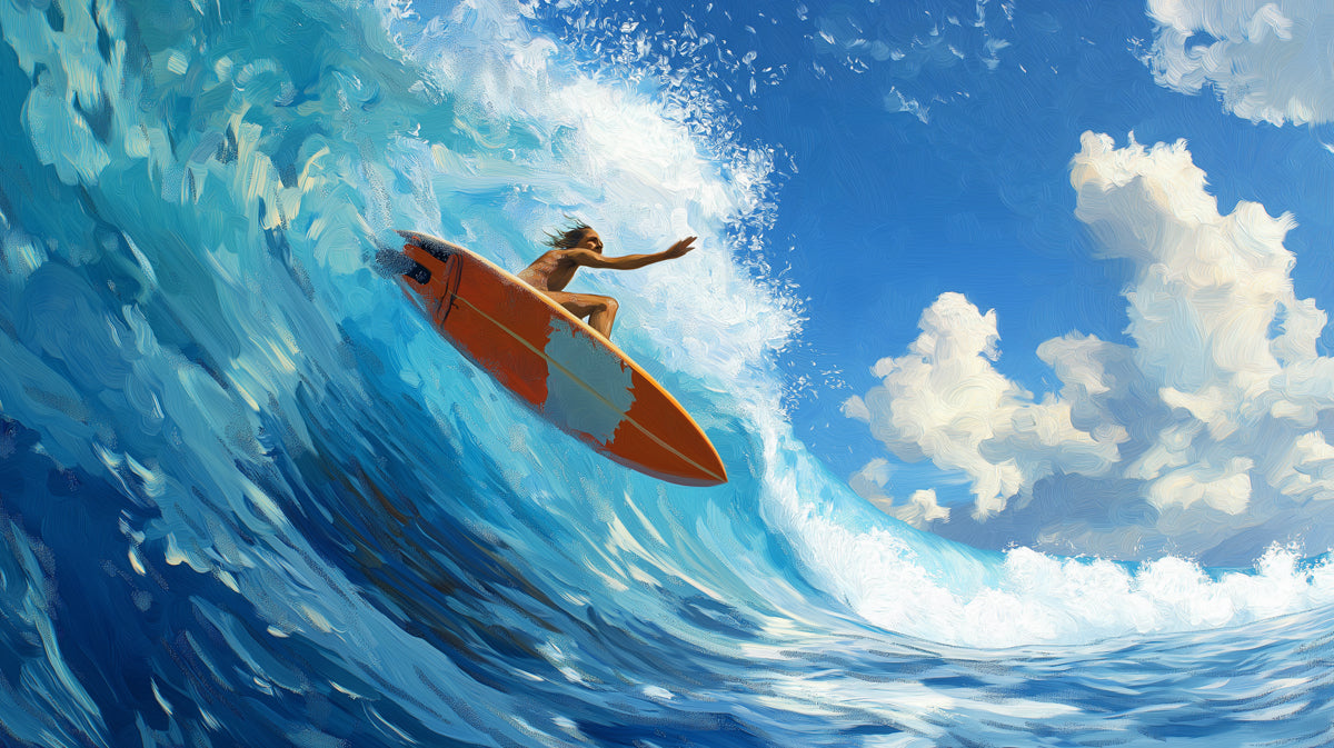 Surfer on a wave with a blue sky and white clouds