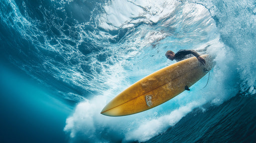 Surfer on a yellow surfboard riding a large wave underwater.