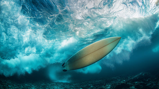 Surfboard under a large wave in the ocean