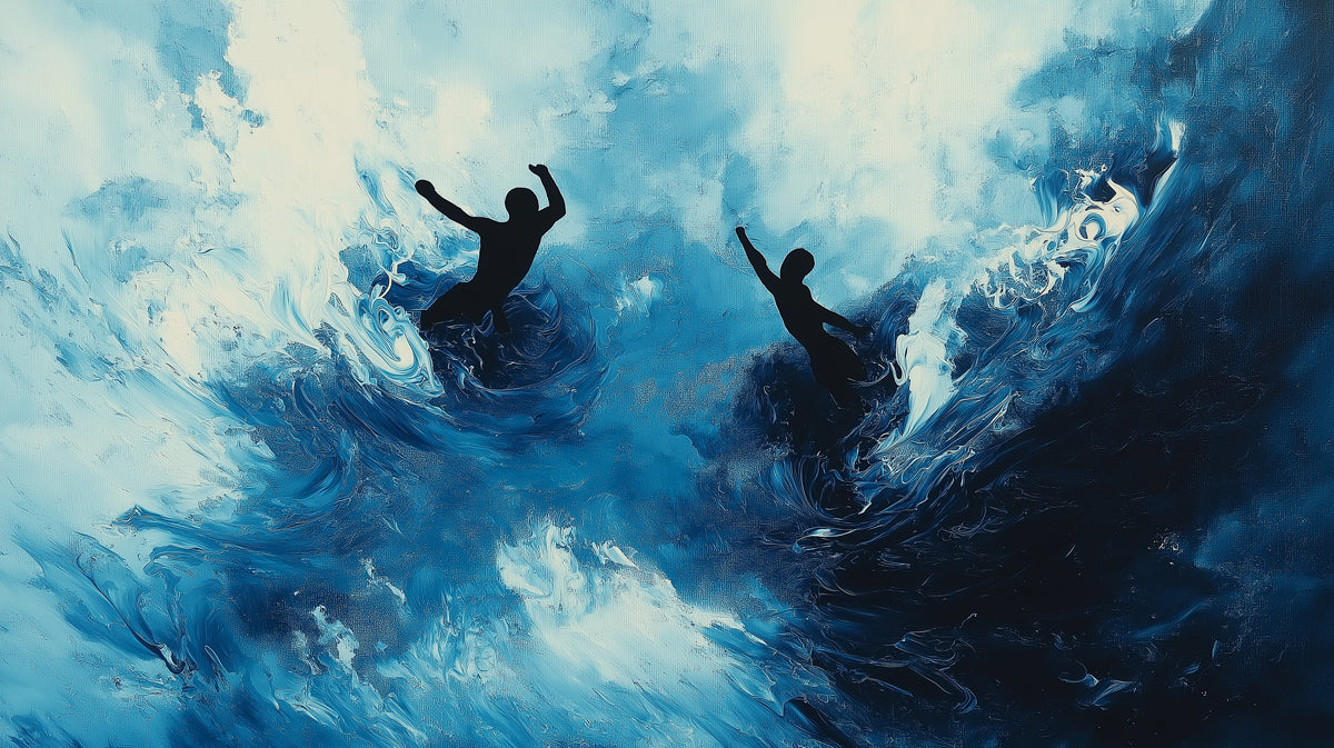 Two people in silhouette struggling against a large wave in a blue and white painting.