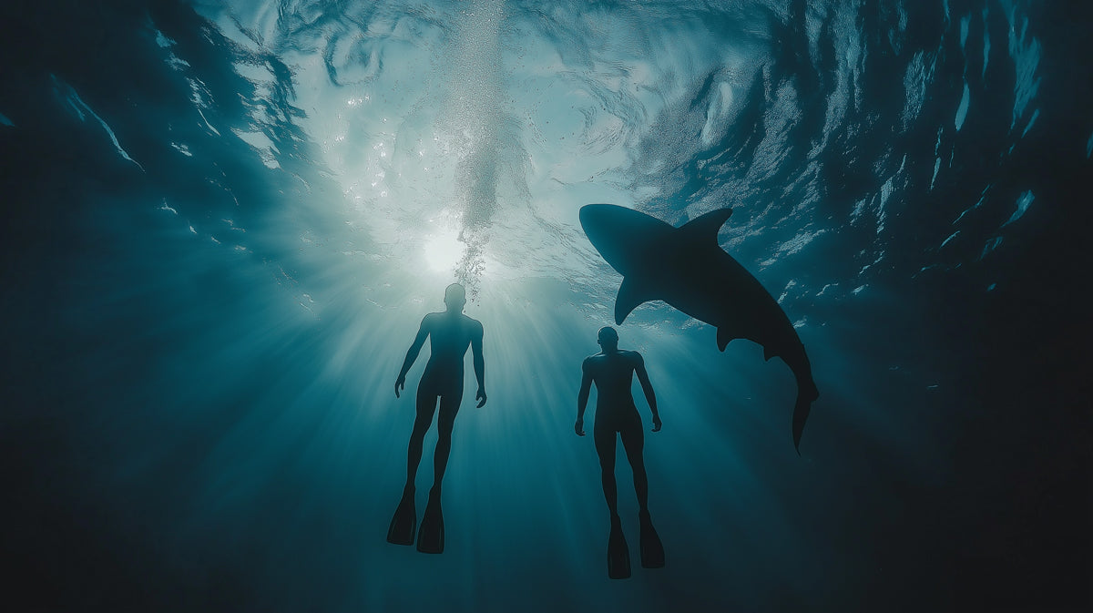 Deep Dive with Shark Silhouette Mural | Minimalist, Dark Blue Water, Cinematic Tension